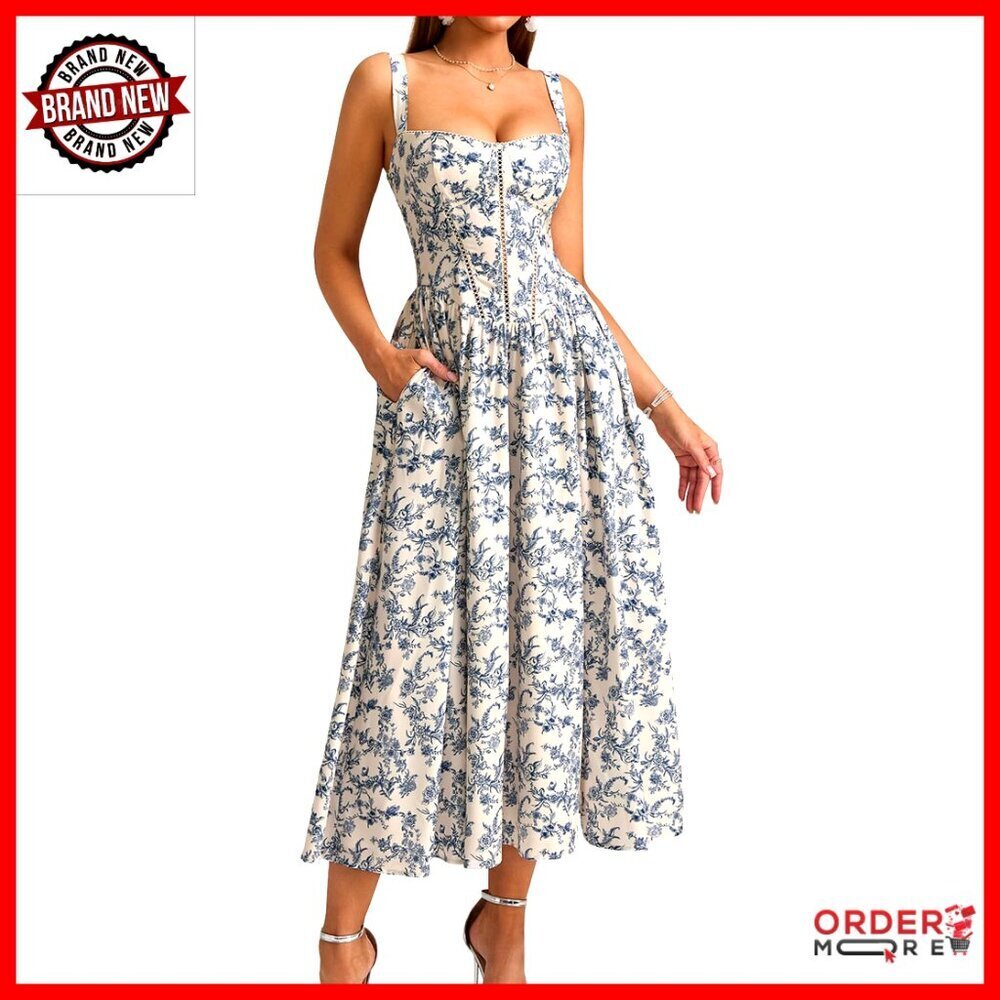 Floral Corset Midi Dress Flowy Slit Boho Wedding Guest Sundress with Pockets